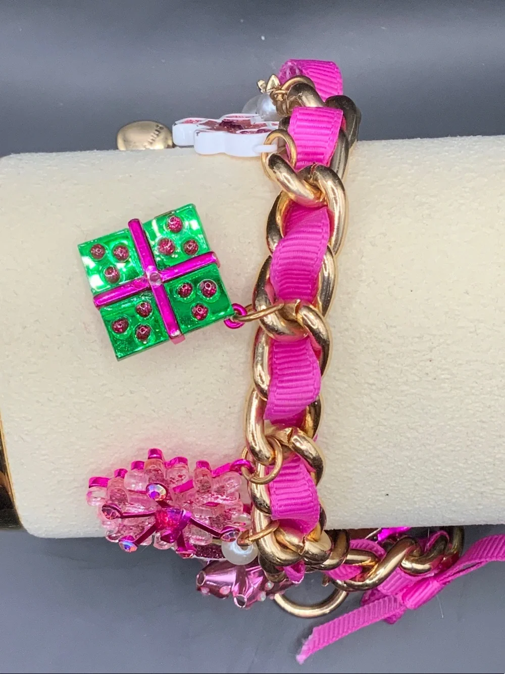 Betsey Johnson Hot Pink Ribbon Charm Bracelet with Gold Chain